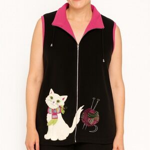 ALLISON DALEY Vest Black Fleece Kitty CAT Full Zipper Size LARGE Grandmacor